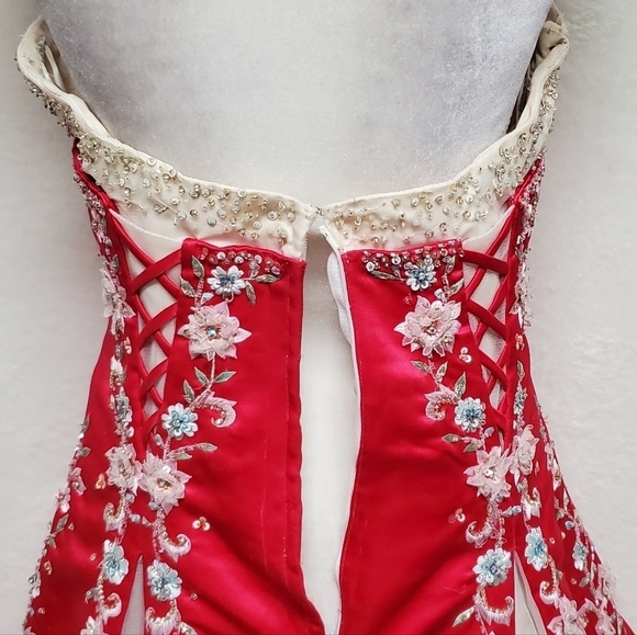 Vintage Precious Formals Special Made Magenta Beaded Floral Lace Tulle Ball Gown - Picture 11 of 16